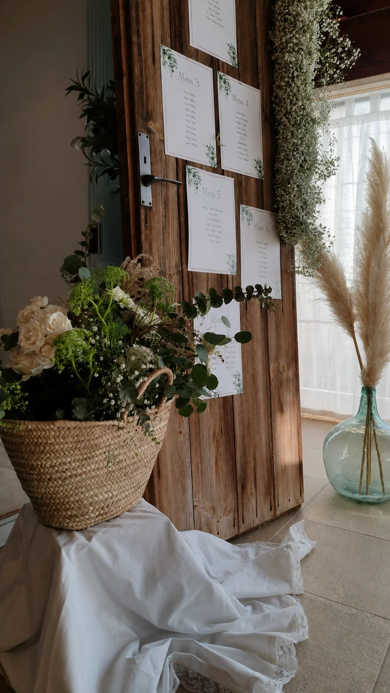 Una puerta decorada con flores y tarjetas de mesa.