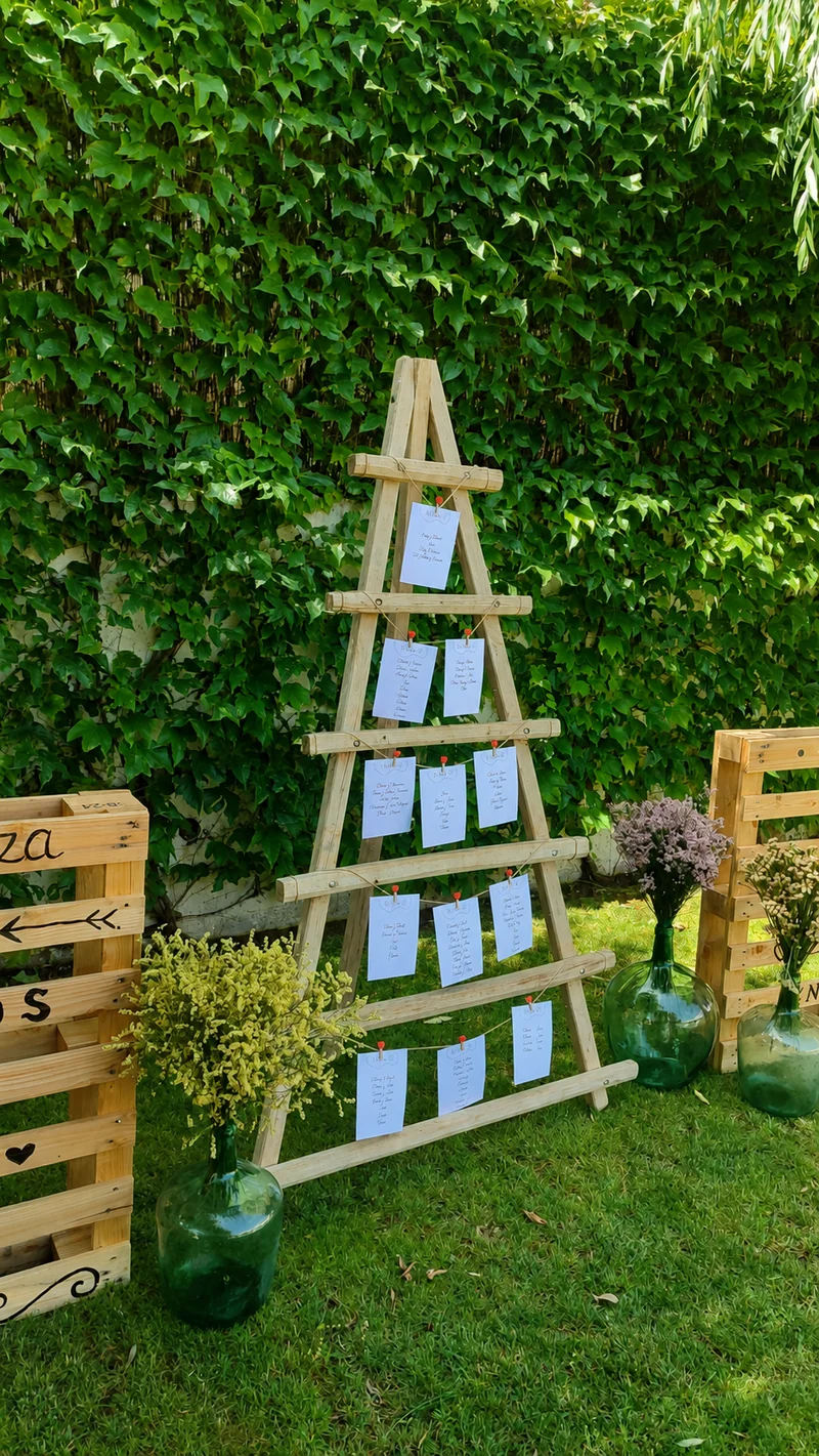 Seating de madera entre la vegetación del jardín